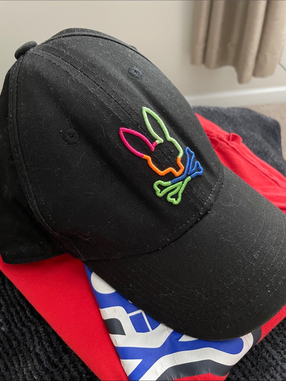 Psycho Bunny Kids Black Cap with Neon Rainbow Bunny Logo